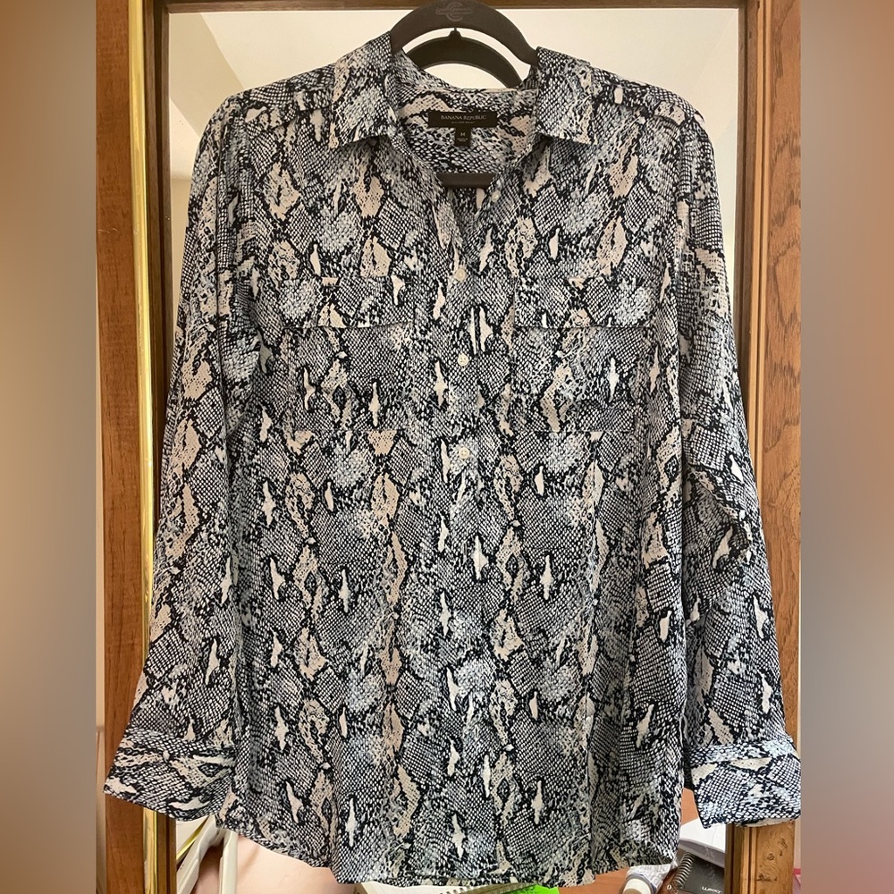 Long sleeve collared button down blouse, snakeskin print